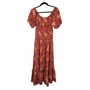 Falling Flower M Tiered Midi Dress Pink Floral Smocked Boho Cottagecore Milkmaid
